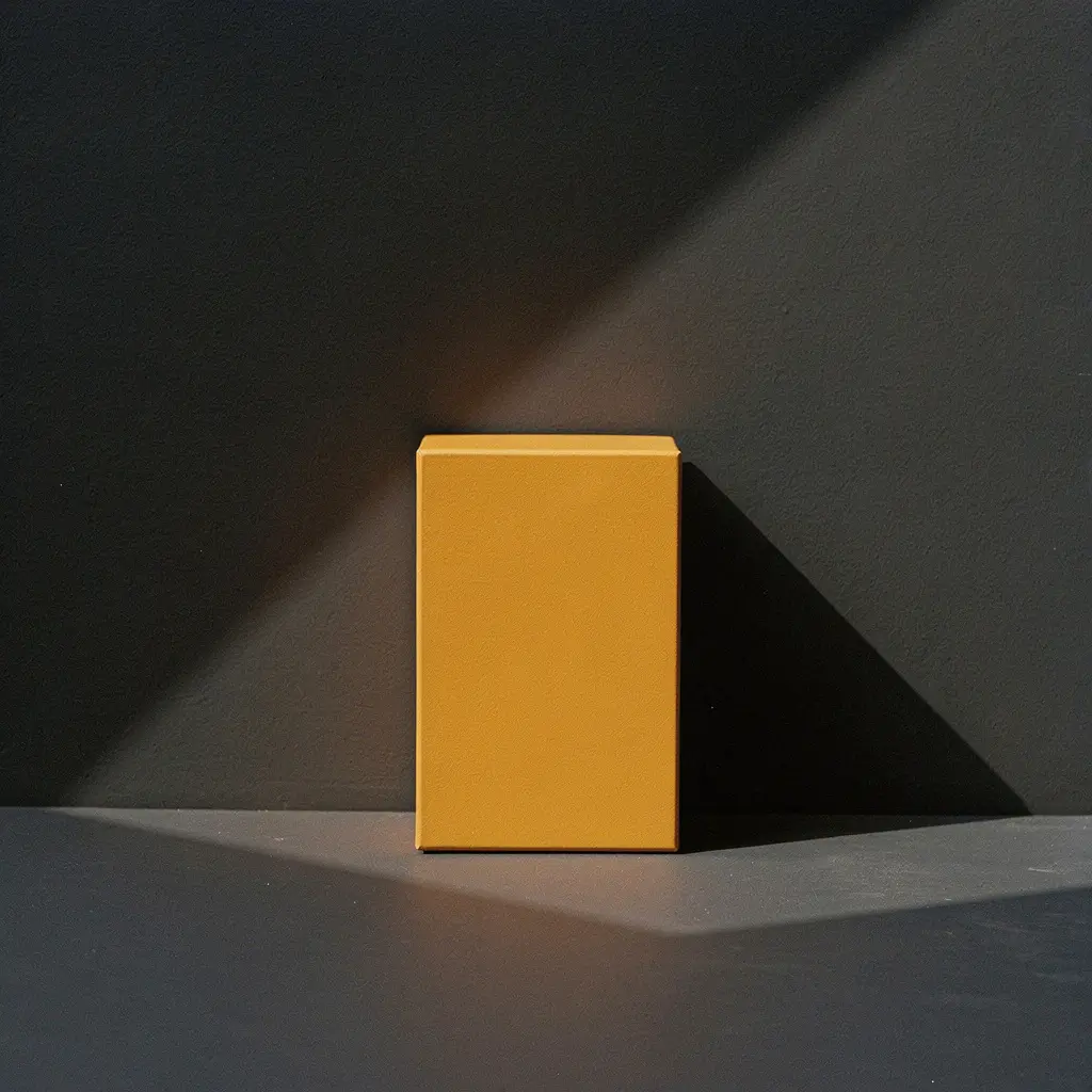 A single amber block lit by hard sunlight against a dark wall, casting one sharp diagonal shadow.